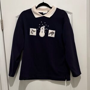 Vintage Bobbie Brooks Navy Sweatshirt with Cream Collar and Snowman Embroidery